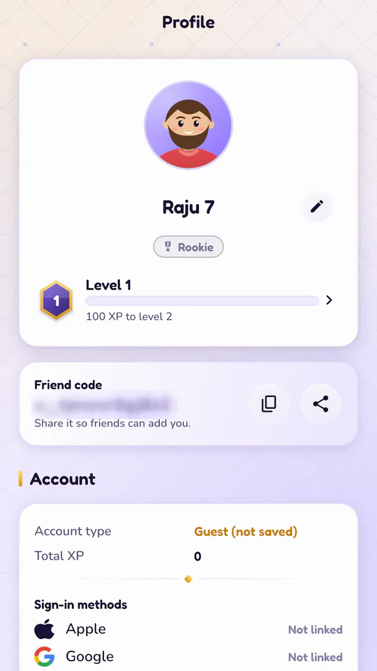 The Profile screen with an avatar, the display name, a Rookie title, level 1 progress, a friend code (blurred here) and the sign-in methods for saving progress