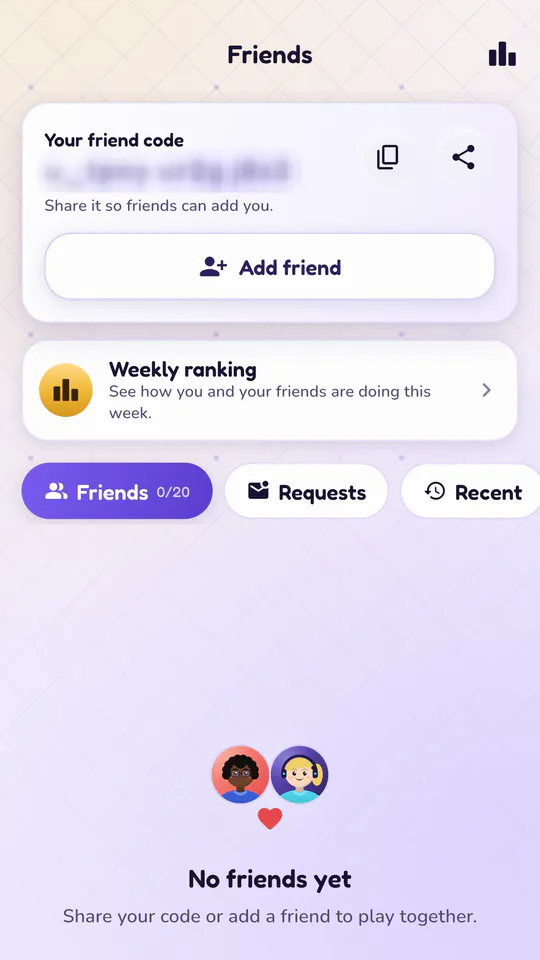 The Friends screen with your friend code (blurred here), an Add friend button, the weekly ranking and tabs for friends, requests and recent players