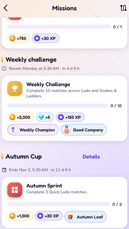 The Ludo Arena Missions screen with a weekly challenge and a limited-time cup