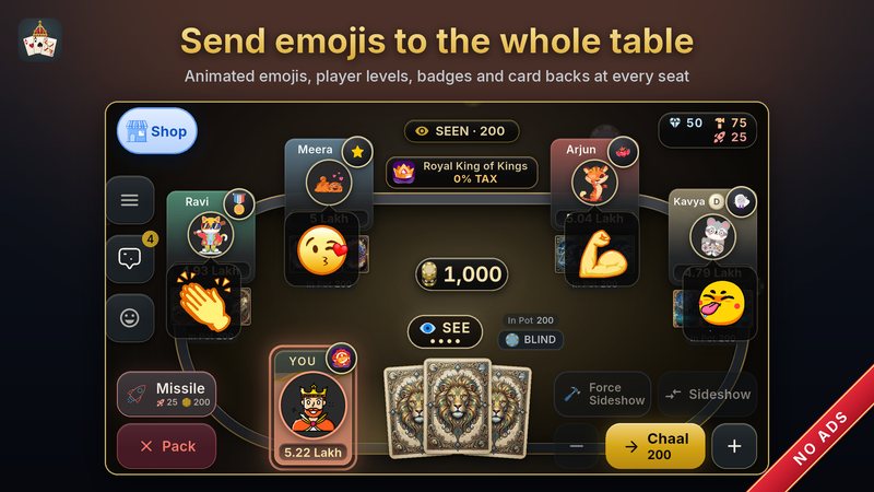 Animated emojis over the players at the table