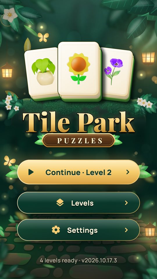 The Tile Park lobby with three tiles on a mossy ledge and a Continue button