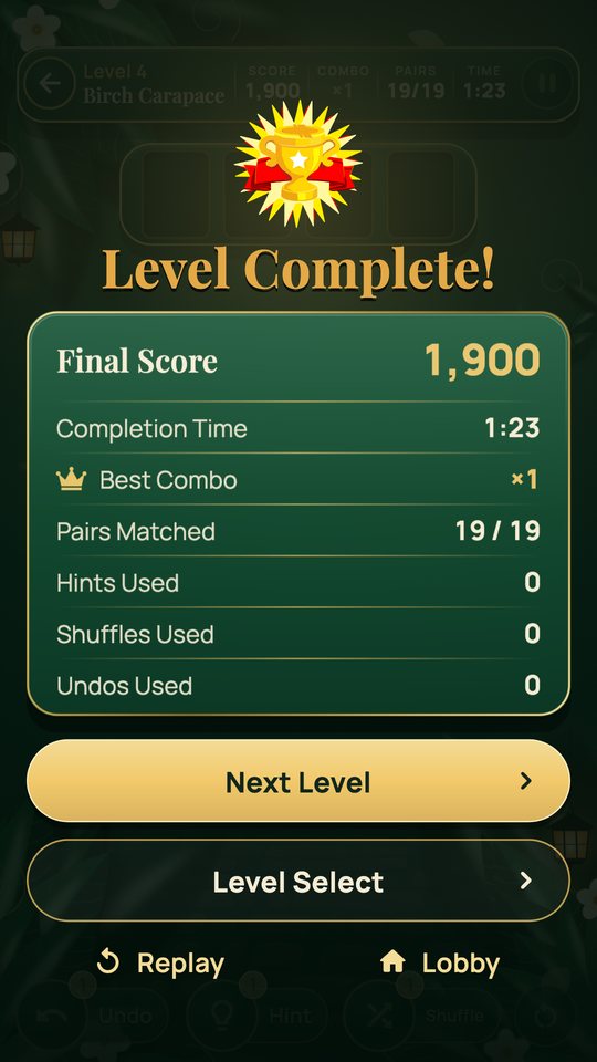 The Level Complete card with a trophy, the final score, the time and buttons for Next Level, Level Select, Replay and Lobby