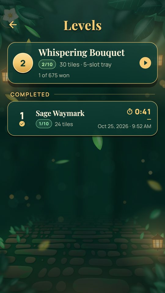 The Levels screen with the next level to play and a completed level with its best time